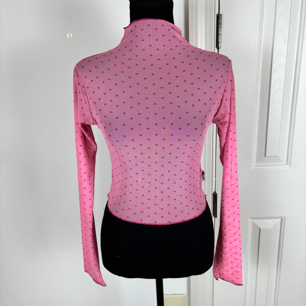 La Bloom Pink Heart Print Mesh Mock Neck Long Sleeve Cropped Top Womens‎ Medium